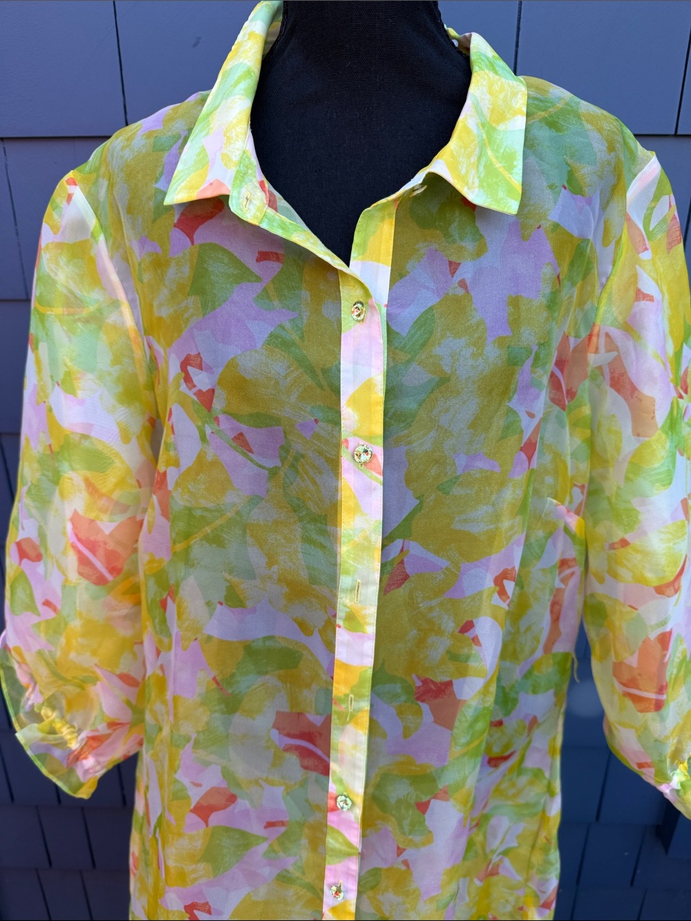 C Wonder 2X Christian Soriano Yellow & Pastel Floral Button-Front Dress sheer - Picture 2 of 12